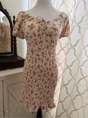 Derek Heart Cream Mini Dress with Pink Rose Print